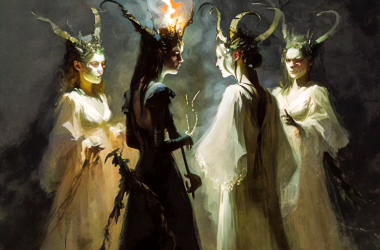 AngryMoi_pintura_al_oleo_de_un_aquelarre_con_4_brujas_adorando