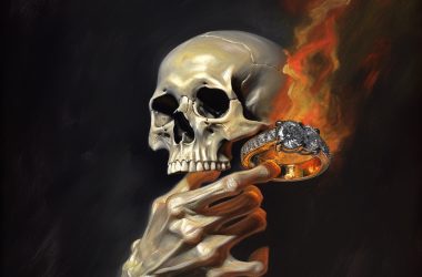 Mano sosteniendo un craneo y un gran anillo. El anillo esta siendo consumido por el fuego