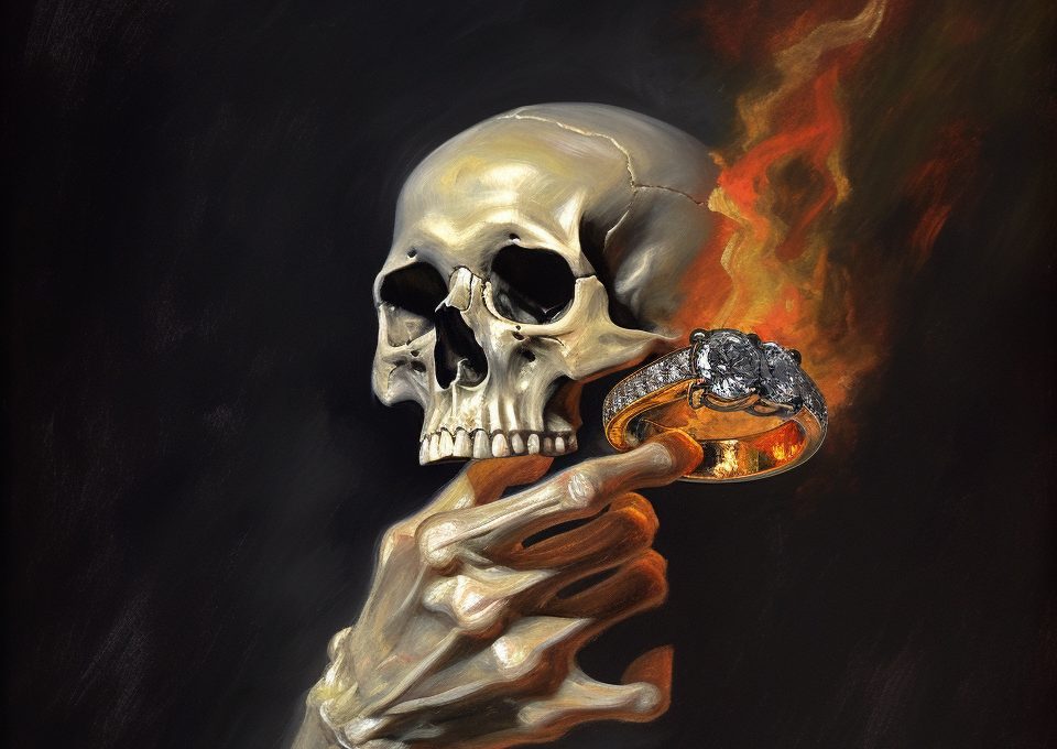 Mano sosteniendo un craneo y un gran anillo. El anillo esta siendo consumido por el fuego
